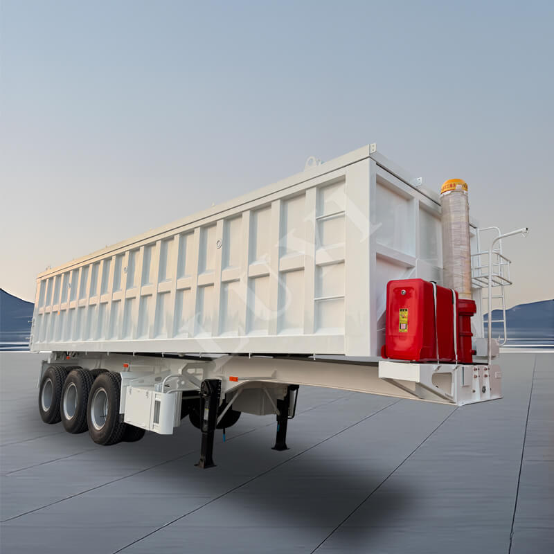 Třínápravový obdélníkový návěs tvaru U se zadním sklápěním o hmotnosti 60 tun